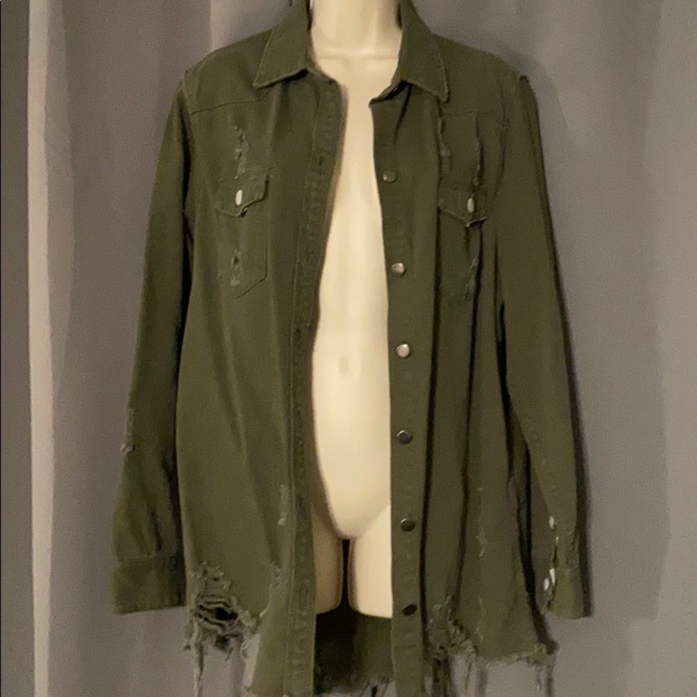 Distressed long jean jacket